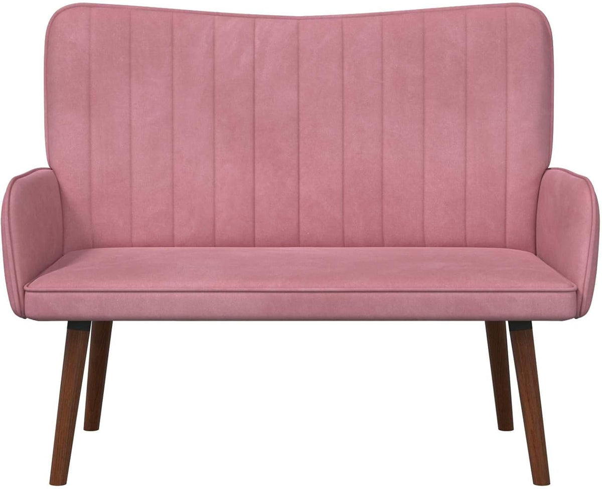 2 Seater Sofa Pink Velvet Fabric 115 x 61 x 87 cm with Sturdy Metal Wooden Frame, Wide Panel Armrests and Modern Cone Feet, for Living Room, Guest Room and Lounge Comfortable Sitting