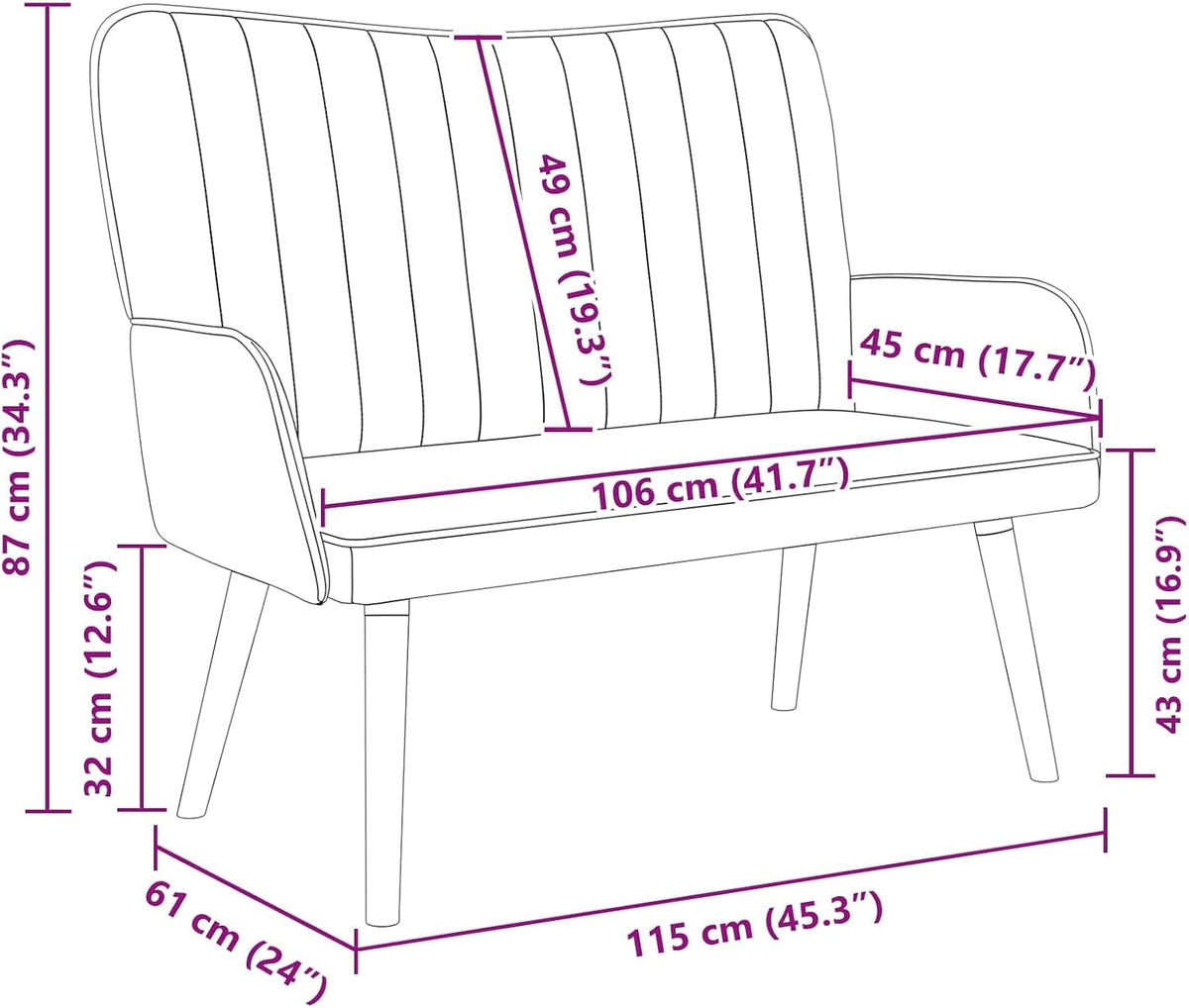 2 Seater Sofa Pink Velvet Fabric 115 x 61 x 87 cm with Sturdy Metal Wooden Frame, Wide Panel Armrests and Modern Cone Feet, for Living Room, Guest Room and Lounge Comfortable Sitting