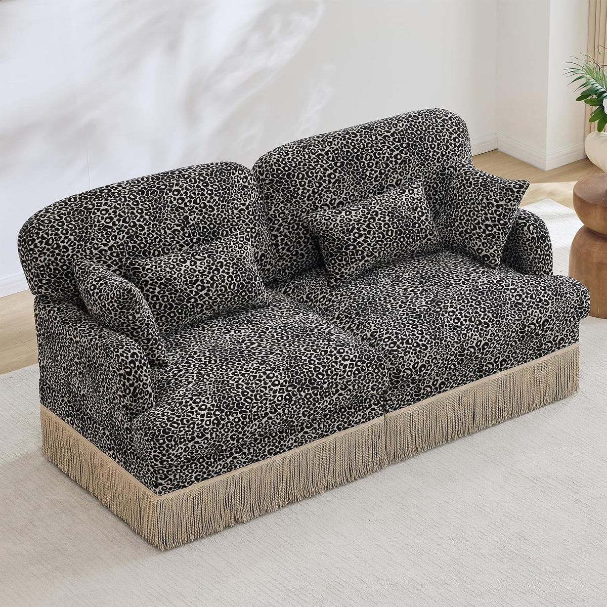 KEIKI 69.2" 2 Seat Modular Loveseat Sofa, Chenille Leopard Print Couch with Tassel Trim, Deep Seat Upholstered Sofa with Ergonomic Support for Bedroom Lounge Area
