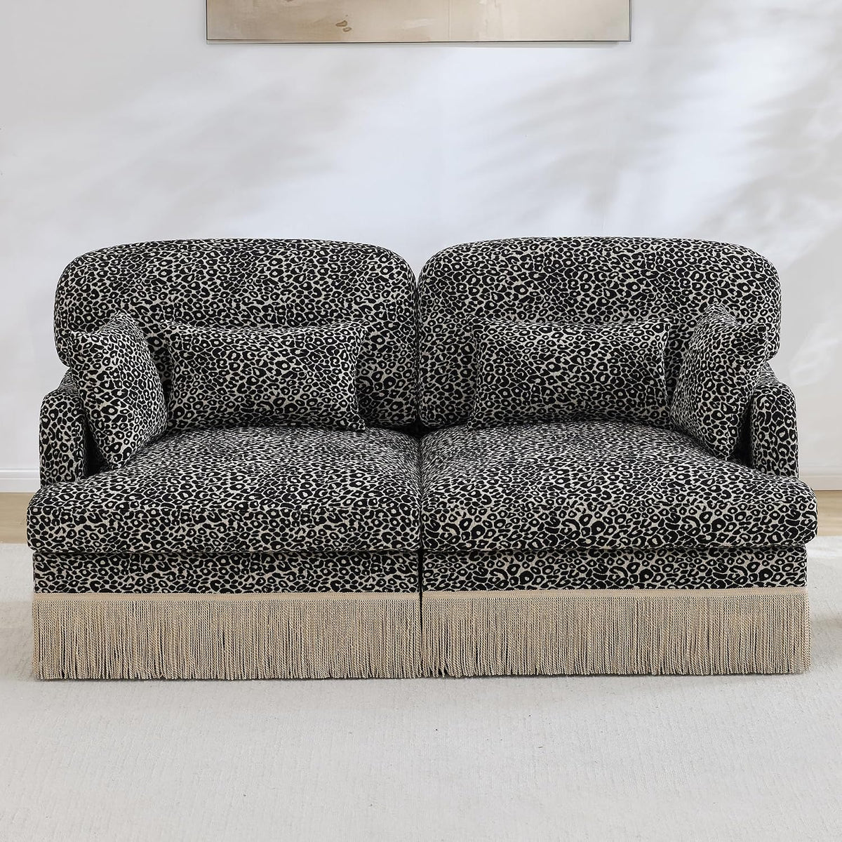 KEIKI 69.2" 2 Seat Modular Loveseat Sofa, Chenille Leopard Print Couch with Tassel Trim, Deep Seat Upholstered Sofa with Ergonomic Support for Bedroom Lounge Area