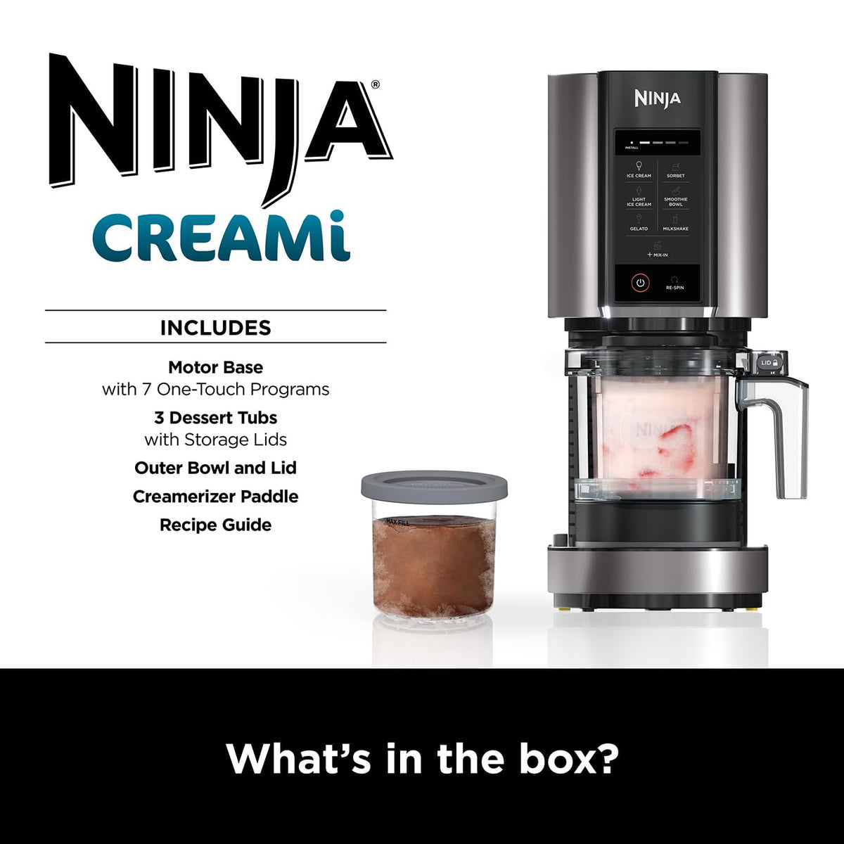 Ninja CREAMi Ice Cream Maker & Frozen Dessert Maker with 3 Tubs, 7 Programs, Makes Ice Cream, Gelato, Sorbet, Smoothie Bowl, Milkshakes and more, Black/Silver, Makes 1.4L of Ice Cream, NC300UK