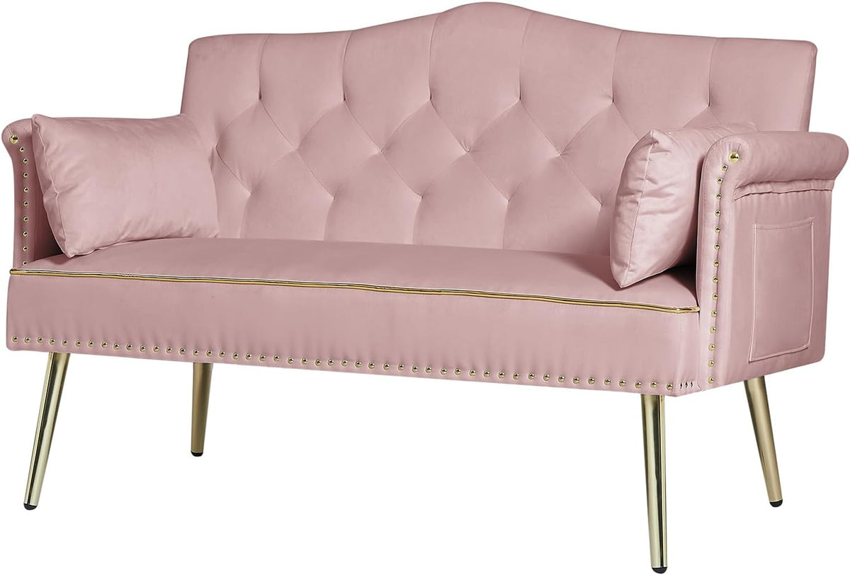 Modern Loveseat Sofa, 2 Seater Upholstered Sofa Couch with 2 Pillows, Luxurious Velvet Couch with Gold Metal Legs, Tufted Sofa Chair for Small Space, Apartment, Office, Bedroom, Pink