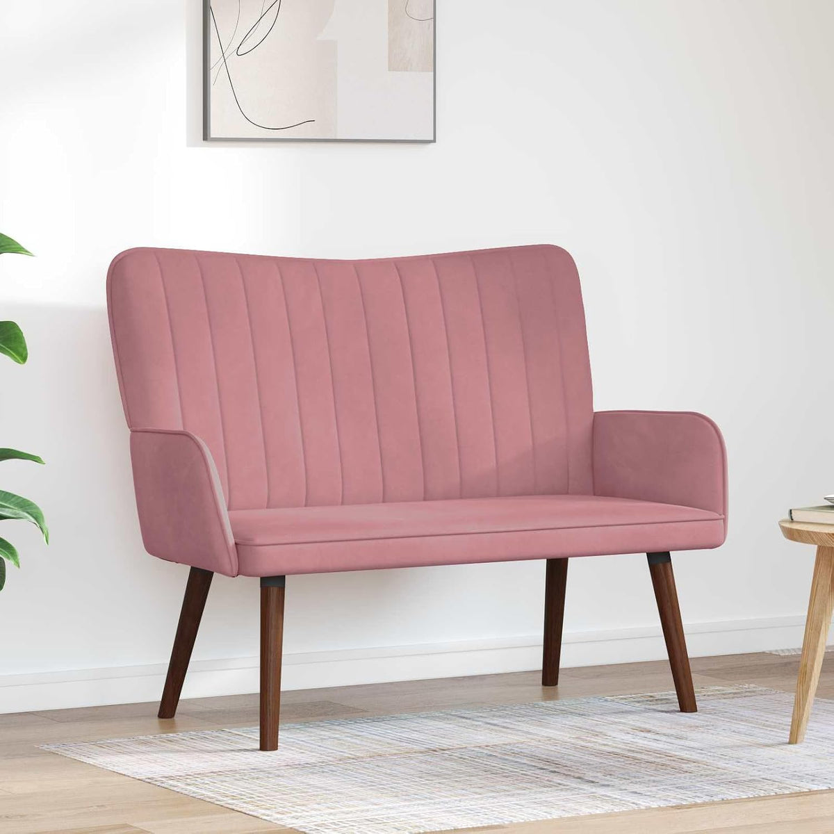 2 Seater Sofa Pink Velvet Fabric 115 x 61 x 87 cm with Sturdy Metal Wooden Frame, Wide Panel Armrests and Modern Cone Feet, for Living Room, Guest Room and Lounge Comfortable Sitting