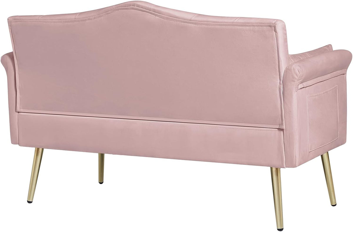 Modern Loveseat Sofa, 2 Seater Upholstered Sofa Couch with 2 Pillows, Luxurious Velvet Couch with Gold Metal Legs, Tufted Sofa Chair for Small Space, Apartment, Office, Bedroom, Pink