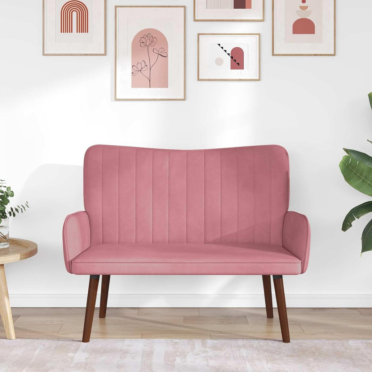 2 Seater Sofa Pink Velvet Fabric 115 x 61 x 87 cm with Sturdy Metal Wooden Frame, Wide Panel Armrests and Modern Cone Feet, for Living Room, Guest Room and Lounge Comfortable Sitting