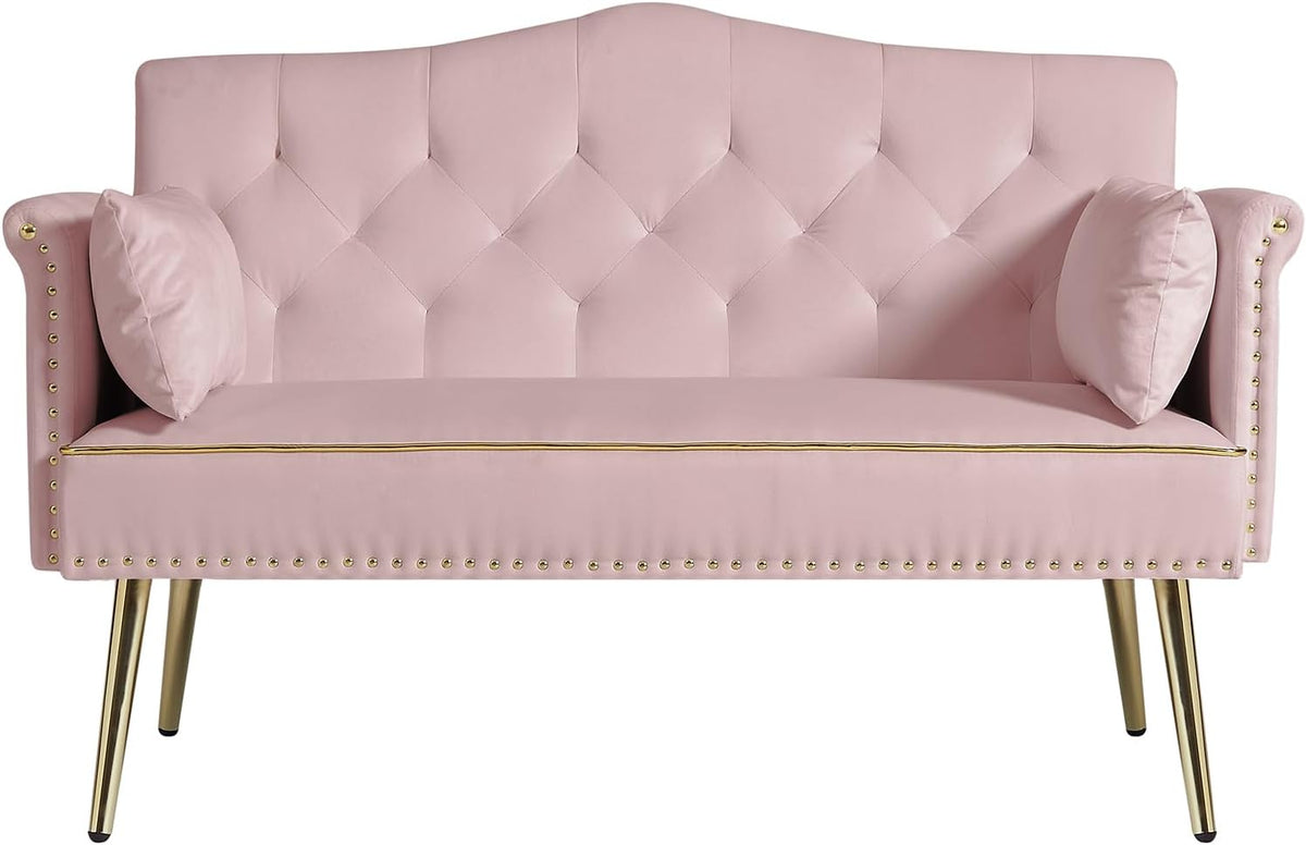 Modern Loveseat Sofa, 2 Seater Upholstered Sofa Couch with 2 Pillows, Luxurious Velvet Couch with Gold Metal Legs, Tufted Sofa Chair for Small Space, Apartment, Office, Bedroom, Pink