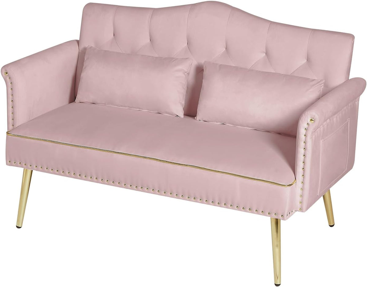 Modern Loveseat Sofa, 2 Seater Upholstered Sofa Couch with 2 Pillows, Luxurious Velvet Couch with Gold Metal Legs, Tufted Sofa Chair for Small Space, Apartment, Office, Bedroom, Pink