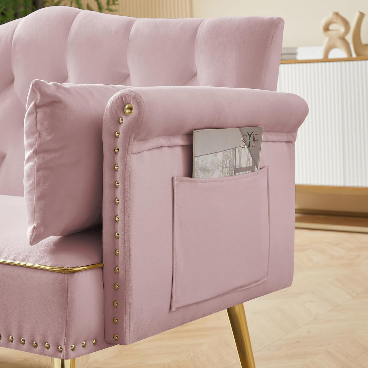 Modern Loveseat Sofa, 2 Seater Upholstered Sofa Couch with 2 Pillows, Luxurious Velvet Couch with Gold Metal Legs, Tufted Sofa Chair for Small Space, Apartment, Office, Bedroom, Pink
