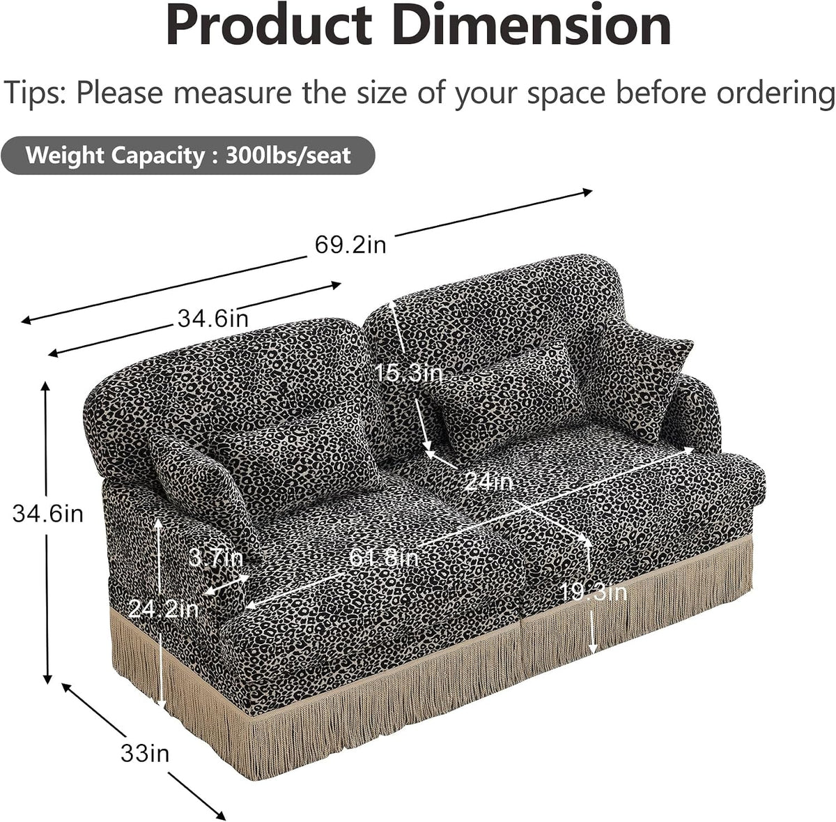 KEIKI 69.2" 2 Seat Modular Loveseat Sofa, Chenille Leopard Print Couch with Tassel Trim, Deep Seat Upholstered Sofa with Ergonomic Support for Bedroom Lounge Area