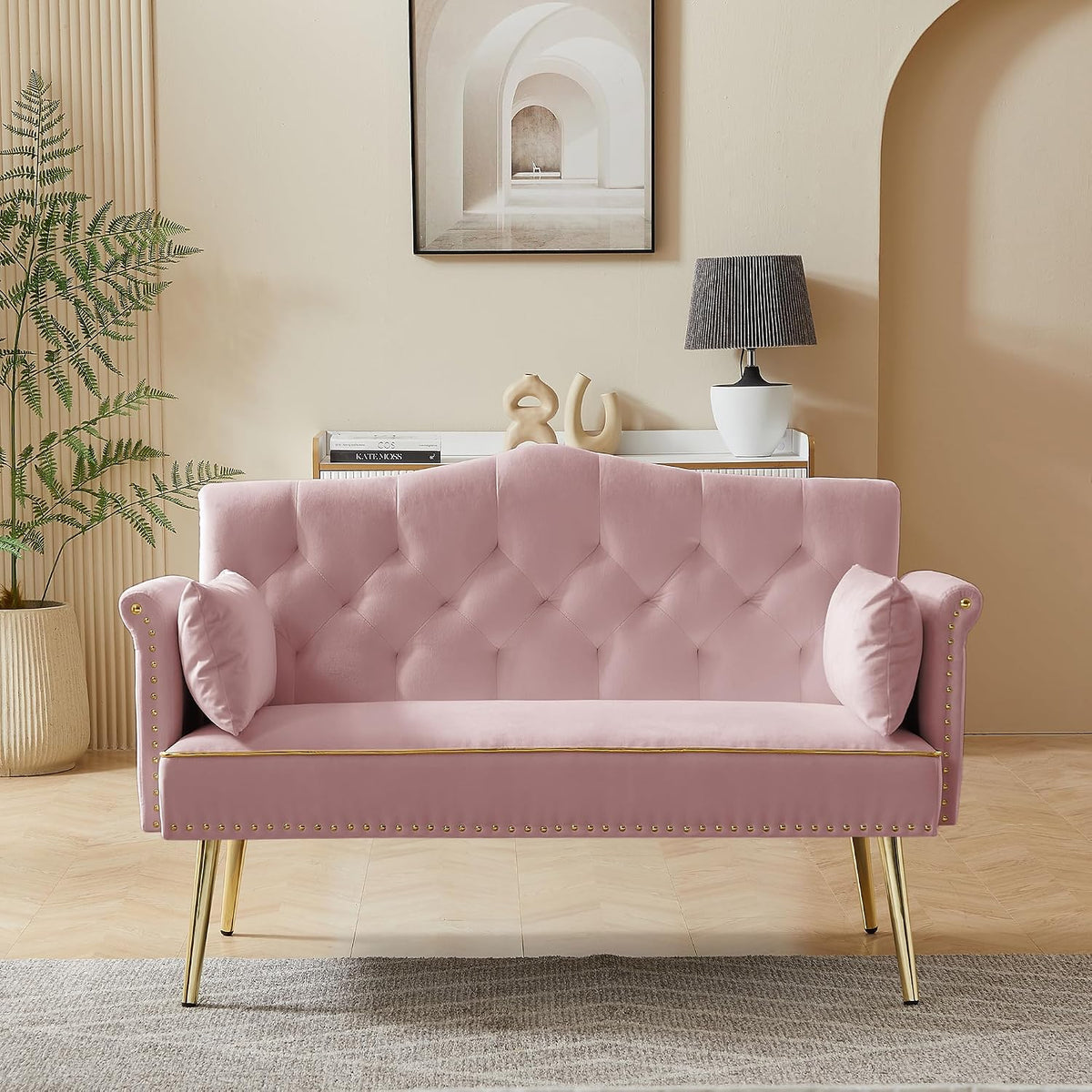 Modern Loveseat Sofa, 2 Seater Upholstered Sofa Couch with 2 Pillows, Luxurious Velvet Couch with Gold Metal Legs, Tufted Sofa Chair for Small Space, Apartment, Office, Bedroom, Pink