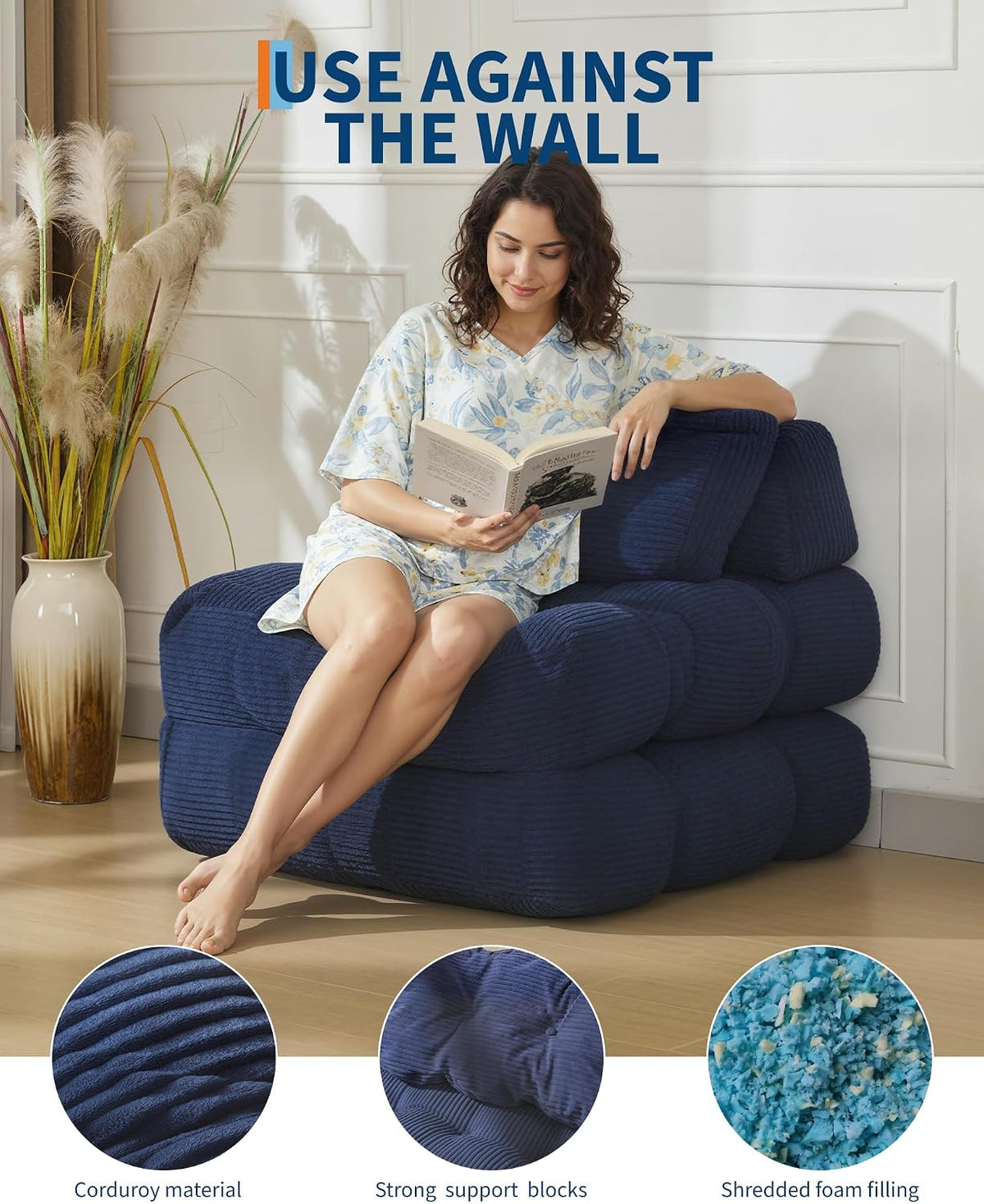 Navy Blue Single Tufted Sofa,10mm Corduroy Polyurethane Chair