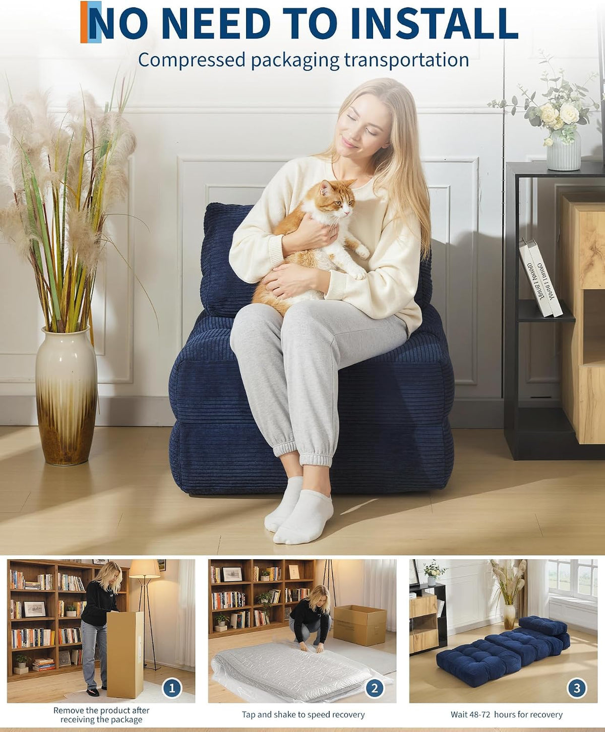 Navy Blue Single Tufted Sofa,10mm Corduroy Polyurethane Chair