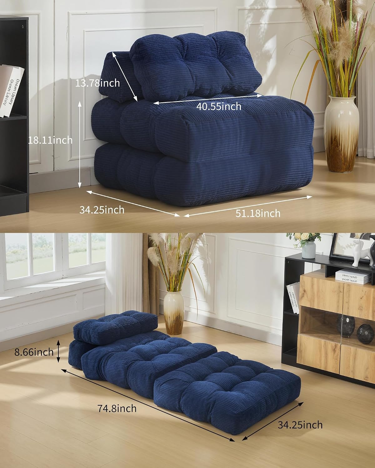 Navy Blue Single Tufted Sofa,10mm Corduroy Polyurethane Chair