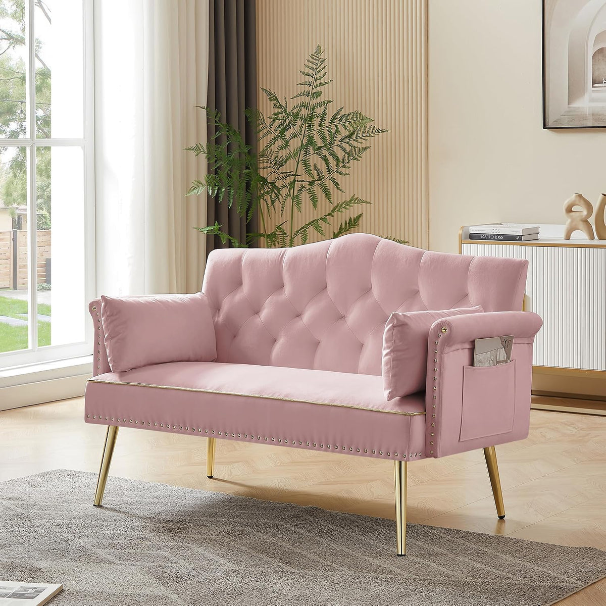 Modern Loveseat Sofa, 2 Seater Upholstered Sofa Couch with 2 Pillows, Luxurious Velvet Couch with Gold Metal Legs, Tufted Sofa Chair for Small Space, Apartment, Office, Bedroom, Pink
