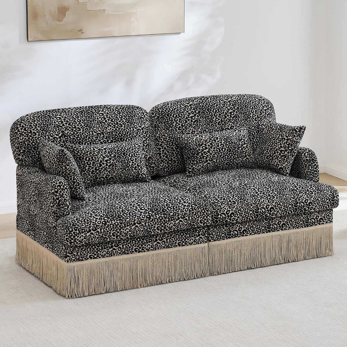 KEIKI 69.2" 2 Seat Modular Loveseat Sofa, Chenille Leopard Print Couch with Tassel Trim, Deep Seat Upholstered Sofa with Ergonomic Support for Bedroom Lounge Area